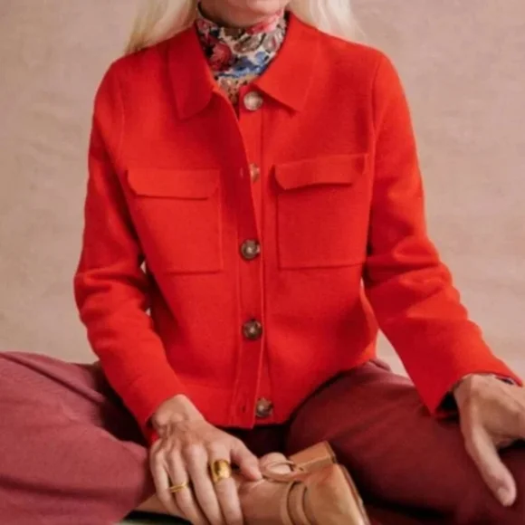 SÉZANE Betty Coral Red Merino Wool Knit Cardigan Jacket Size Medium New - Picture 2 of 11